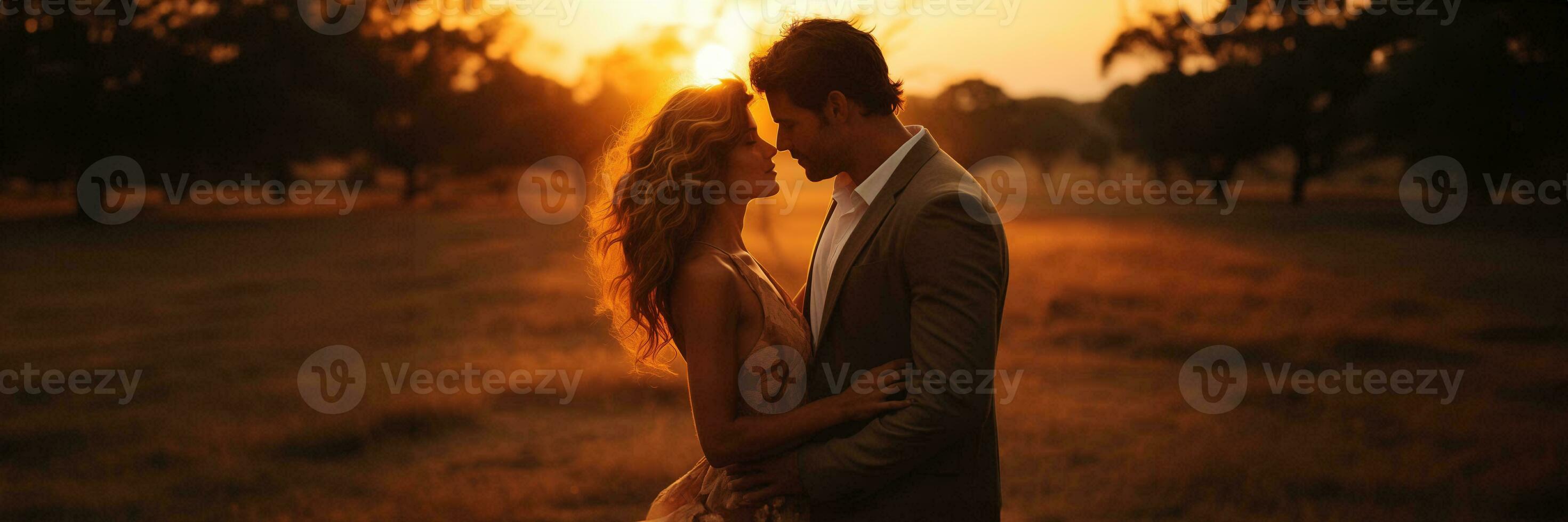 ai gerado afetuoso casal ações uma beijo lado de fora durante pôr do sol com uma caloroso filtro efeito foto