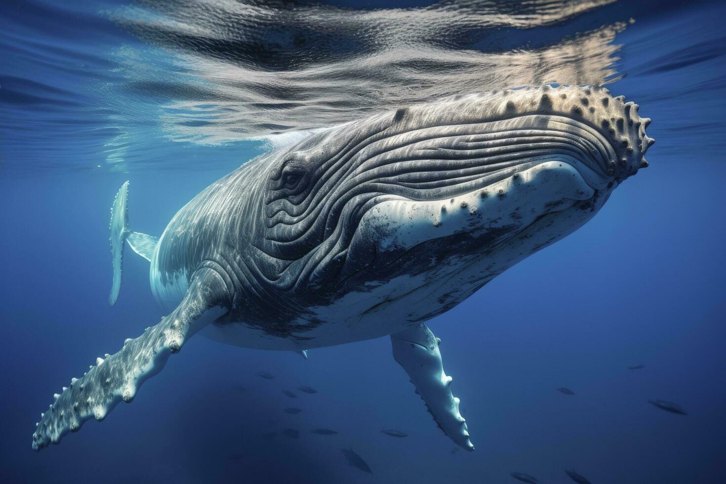 ai gerado jovem corcunda baleia dentro azul água. ai gerado foto