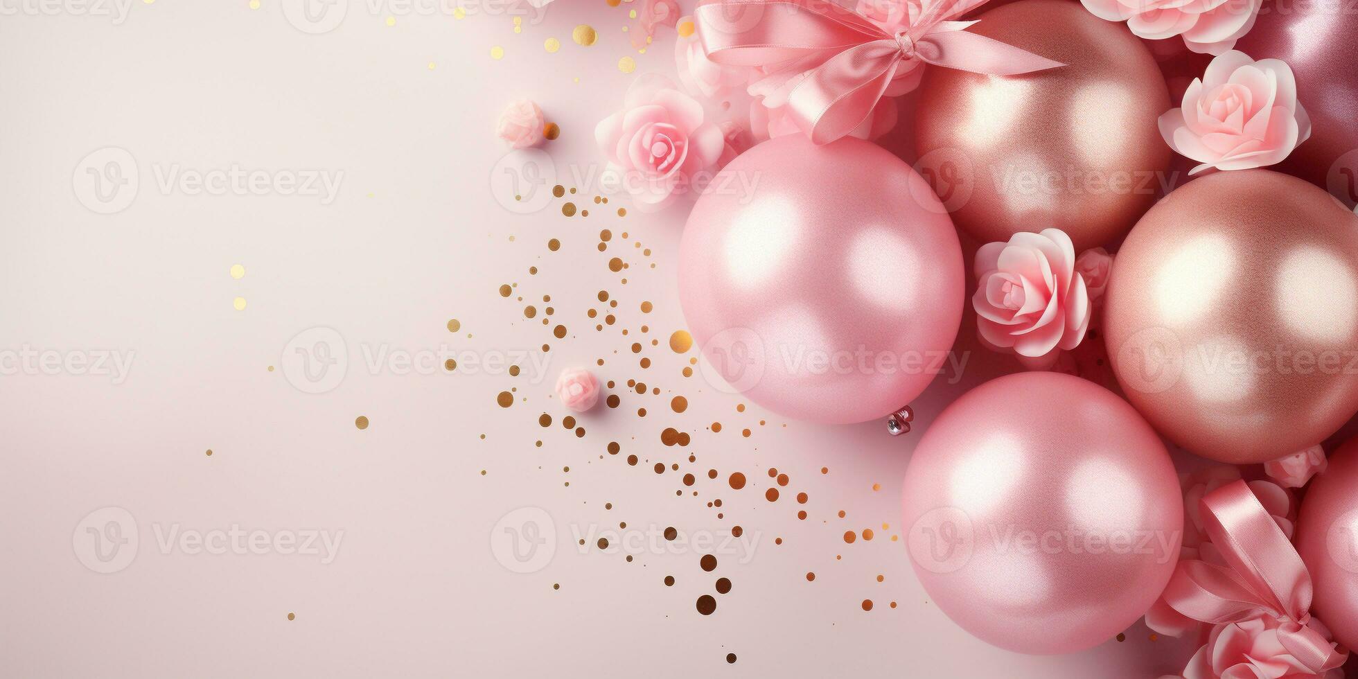 ai gerado aniversário festa Rosa e ouro plano composição, bolos de copo, balões, confete, bandeira conceito Cartão Presente, cópia de espaço, Rosa fundo foto