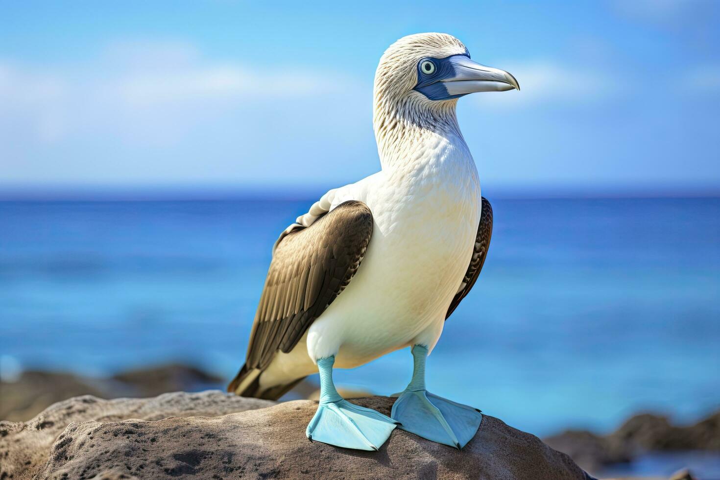 ai gerado a raro de pés azuis booby descansos em a de praia. ai gerado foto