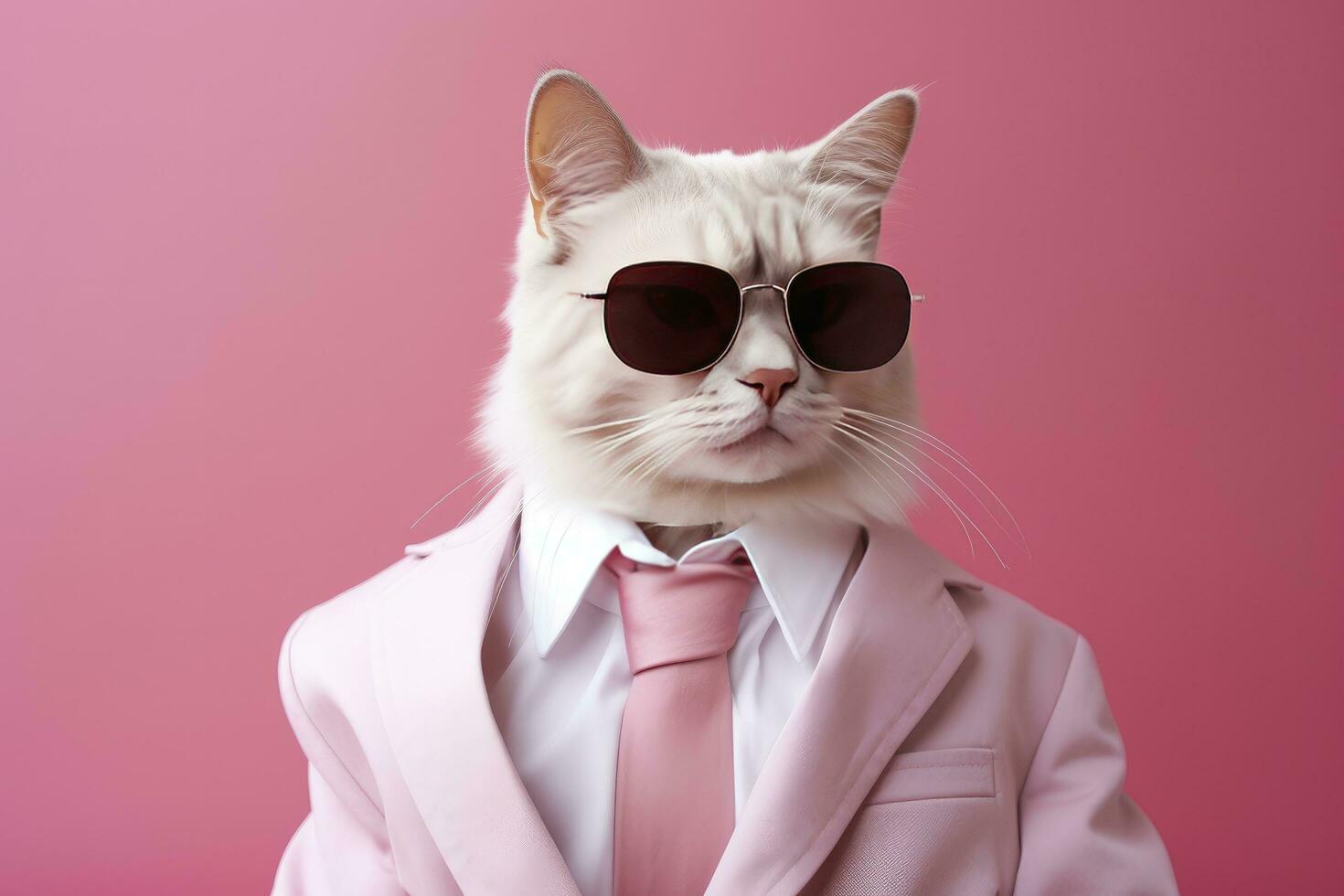 ai gerado uma gato é vestindo oculos de sol e terno em Rosa fundo. ai gerado foto