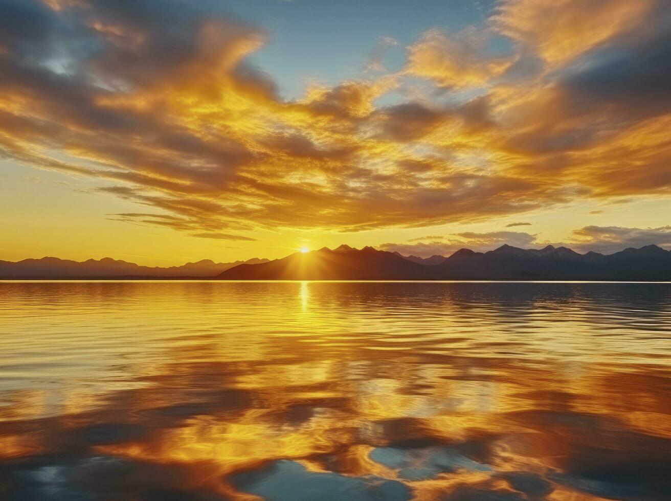 ai gerado brilhante pôr do sol sobre lago dourado nuvens refletir dentro a água. ai gerado. foto