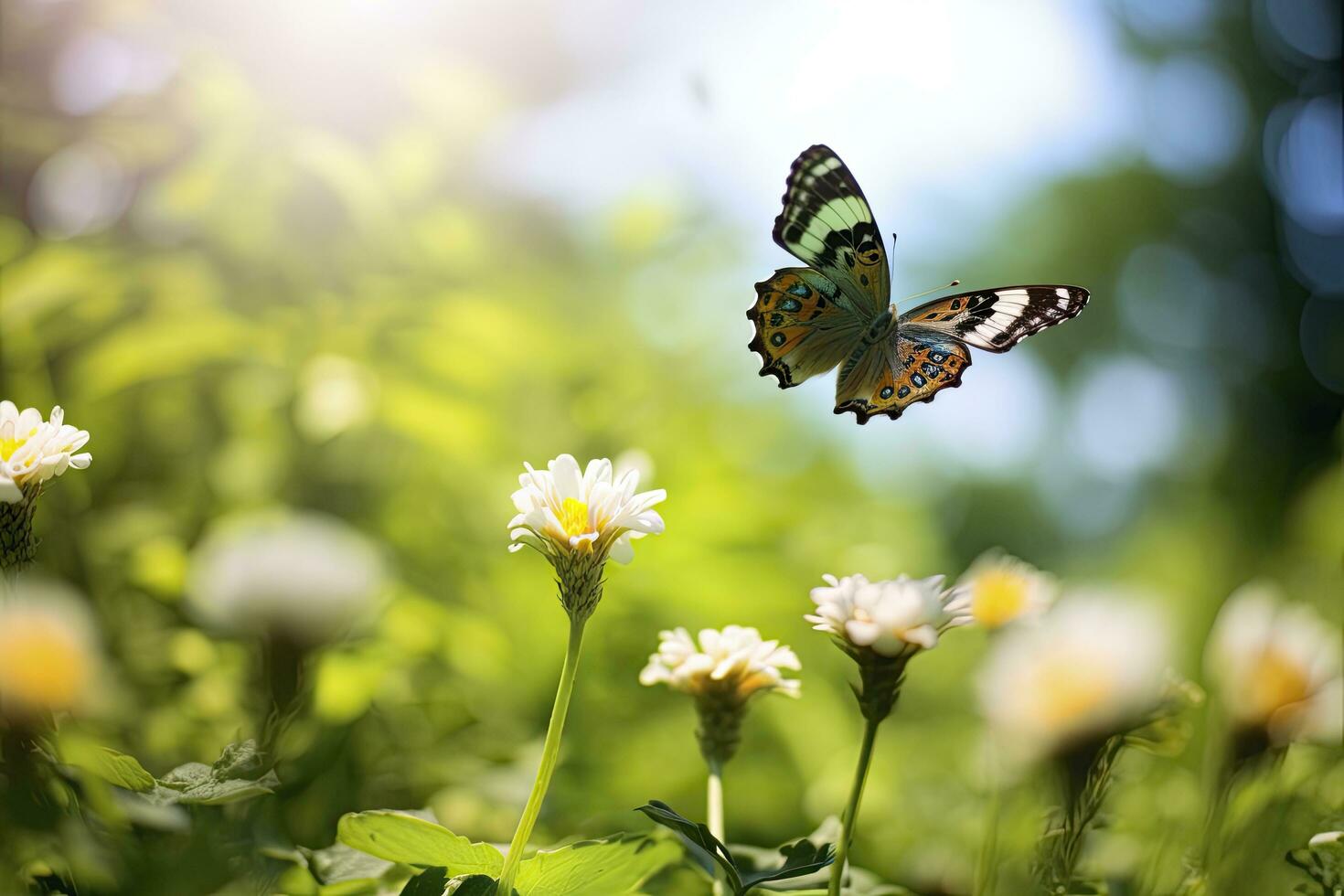 ai gerado borboleta vôo sobre a Prado. ai gerado foto