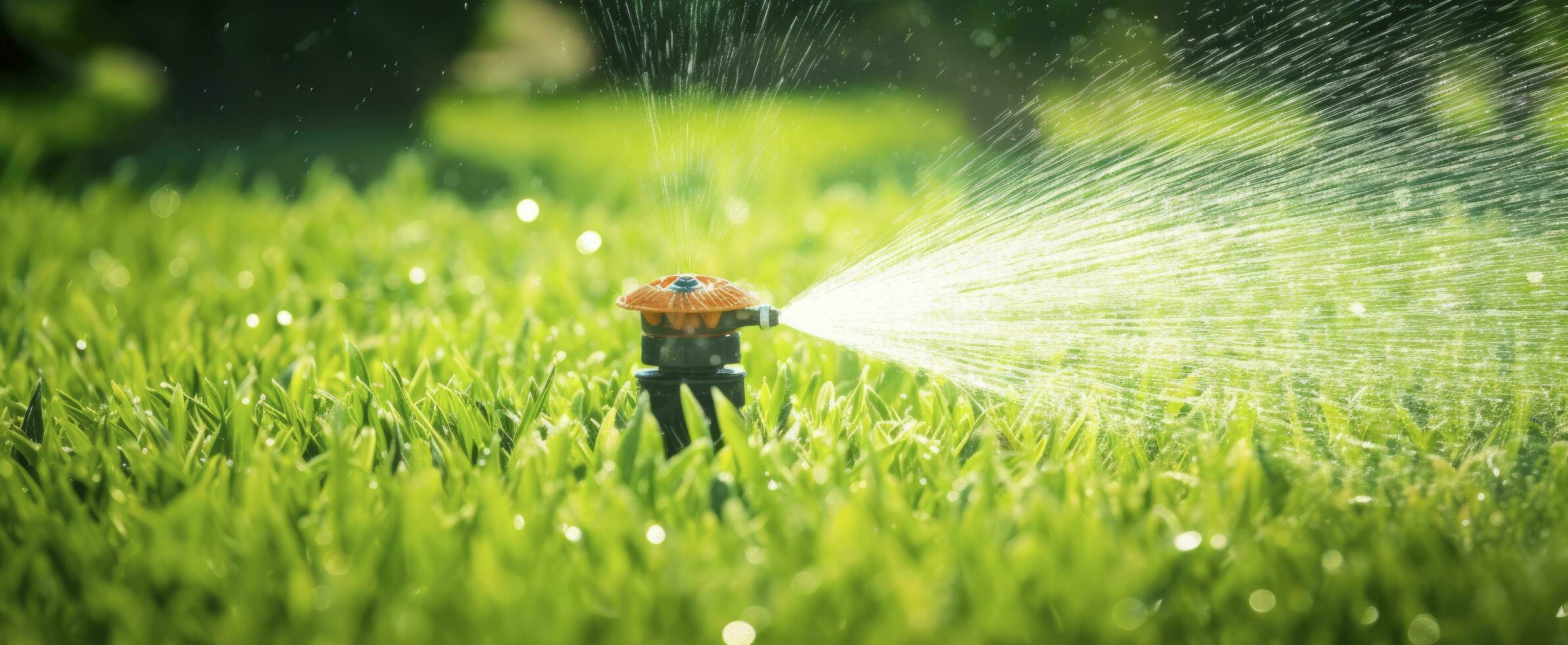 ai gerado automático jardim gramado aspersor dentro açao rega grama. ai gerado foto