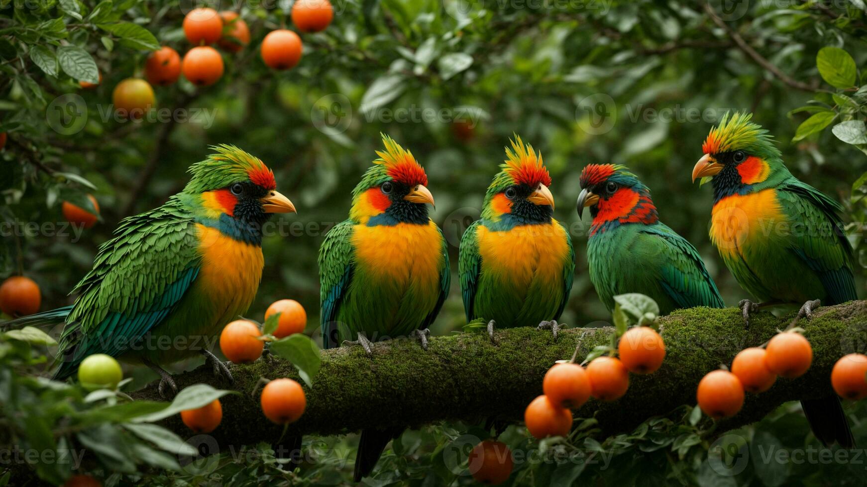 ai gerado investigar a único adaptações do a colorida pássaros habitando a absoluto verde árvore, explorando seus plumagem, alimentando hábitos, e distintivo vocalizações. foto