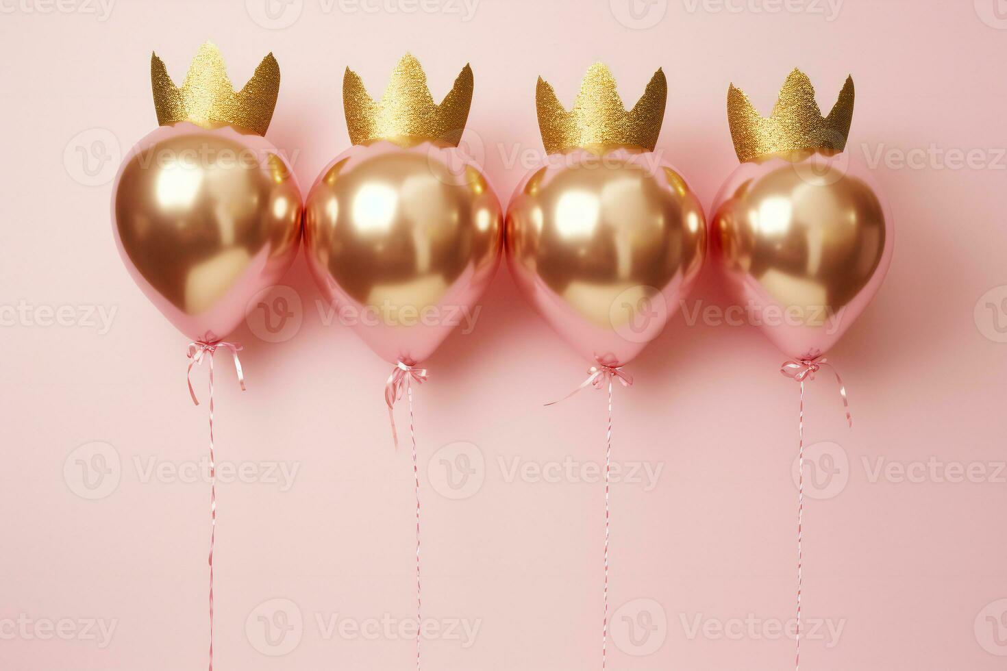 ai gerado Princesa temático aniversário festa frustrar balões com uma dourado coroa em uma pastel Rosa fundo foto