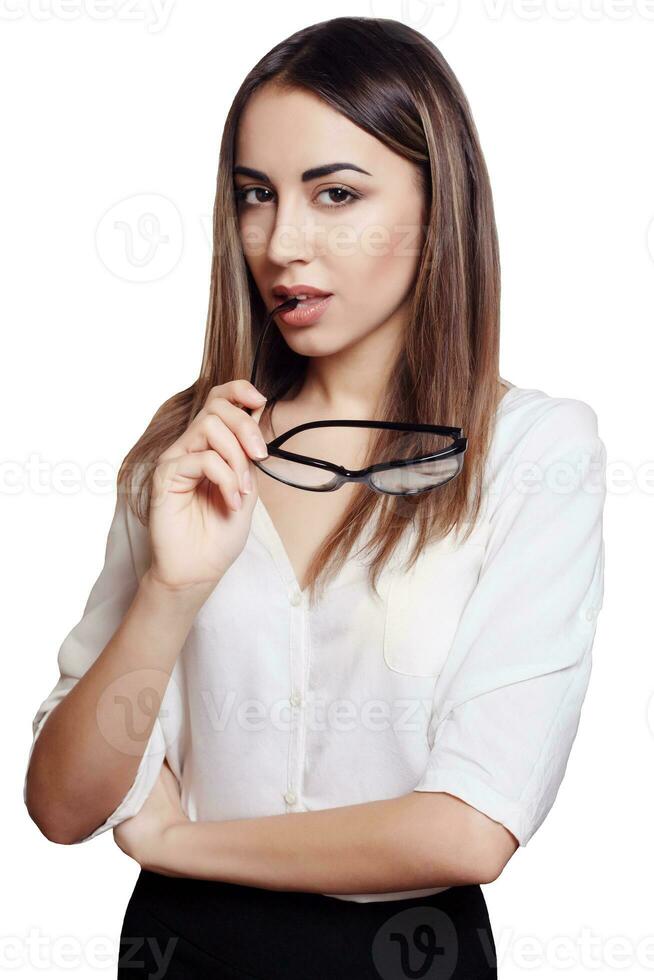 o negócio mulher com óculos dentro mão isolado em branco fundo foto