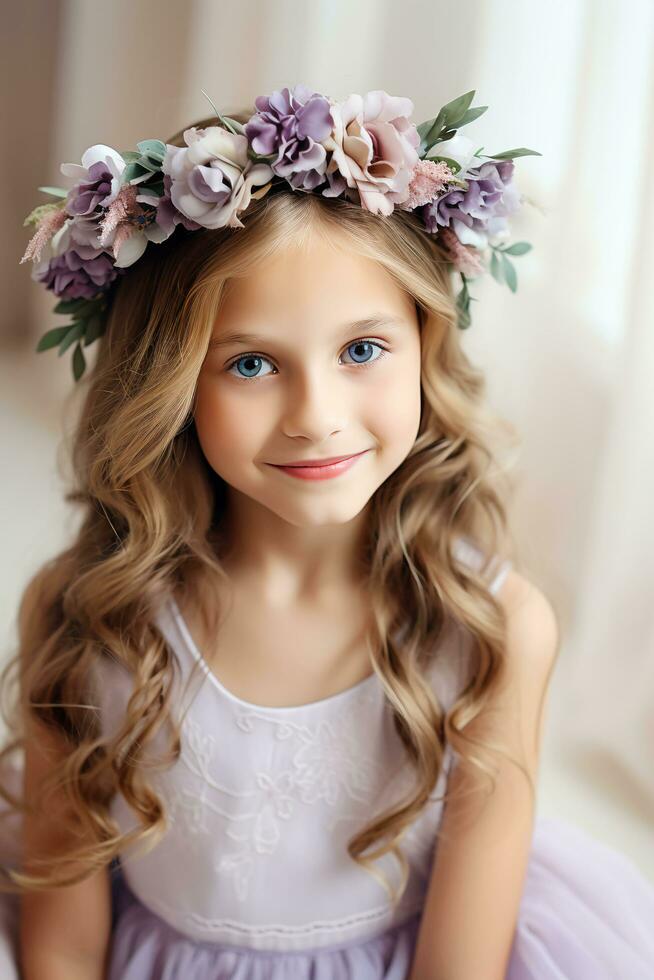ai gerado pétalas e lilás sonhos flor menina esplendor dentro floral coroa foto