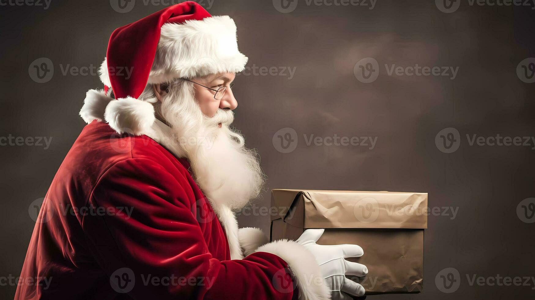 ai gerado foto do feliz santa claus carregando Natal presente para crianças. feriado humor