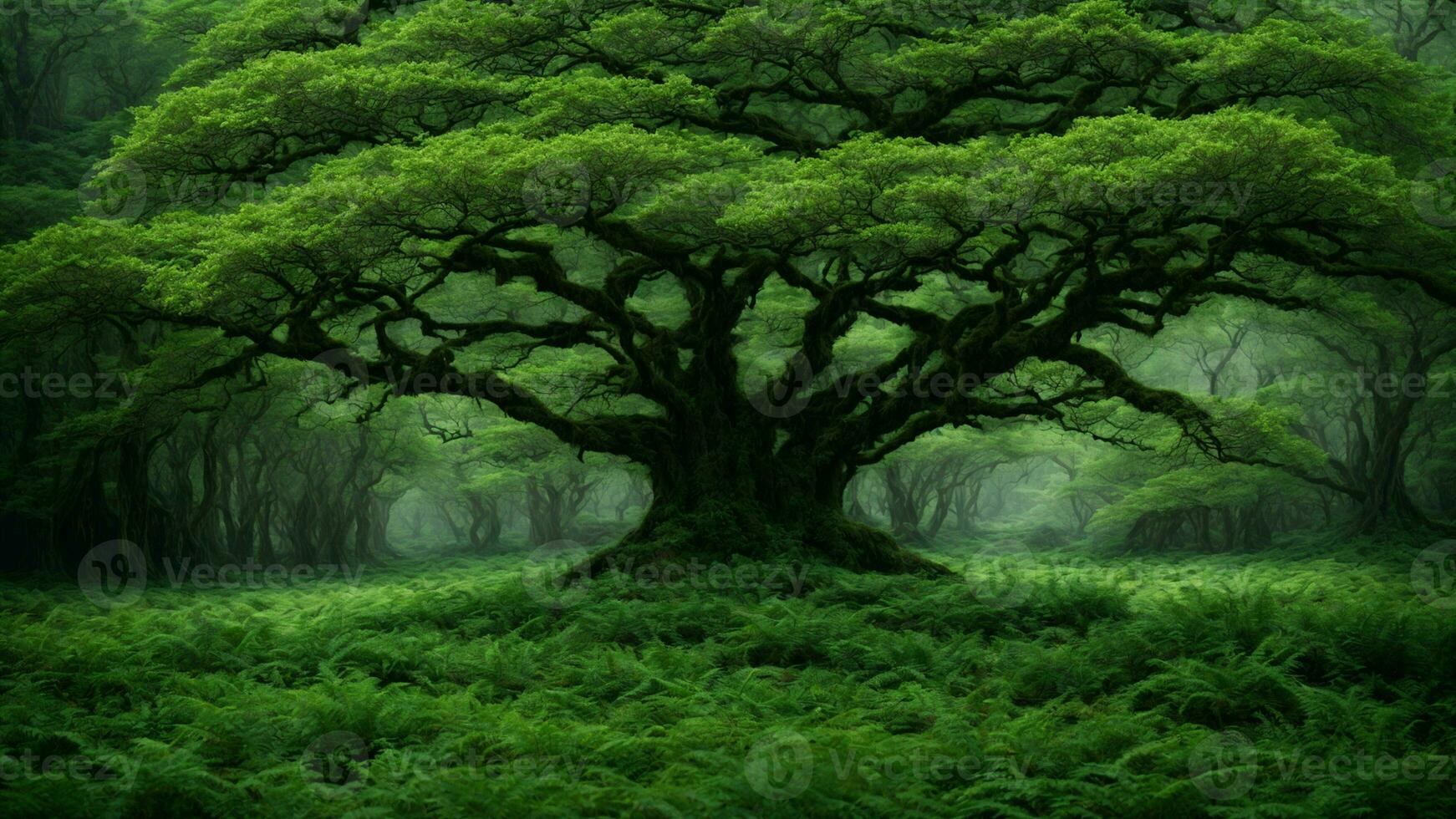 ai gerado explorar a intrincado ecossistema dinâmica do uma primitivo verde árvore floresta, enfatizando a interdependência do flora e fauna. foto