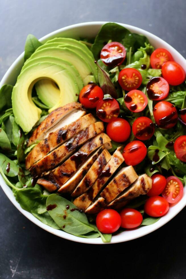 ai gerado uma salada tigela preenchidas com uma misturar do verdes, fatiado abacate foto