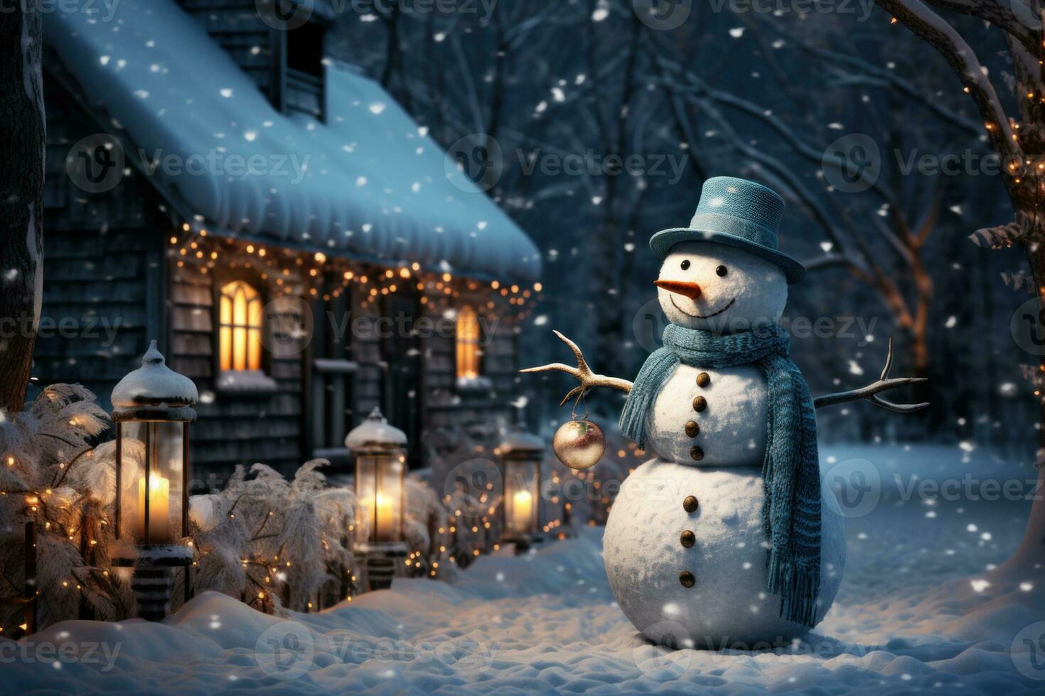 ai gerado boneco de neve carrinhos às a Nevado caminho para uma inverno cabine, Natal cenário foto