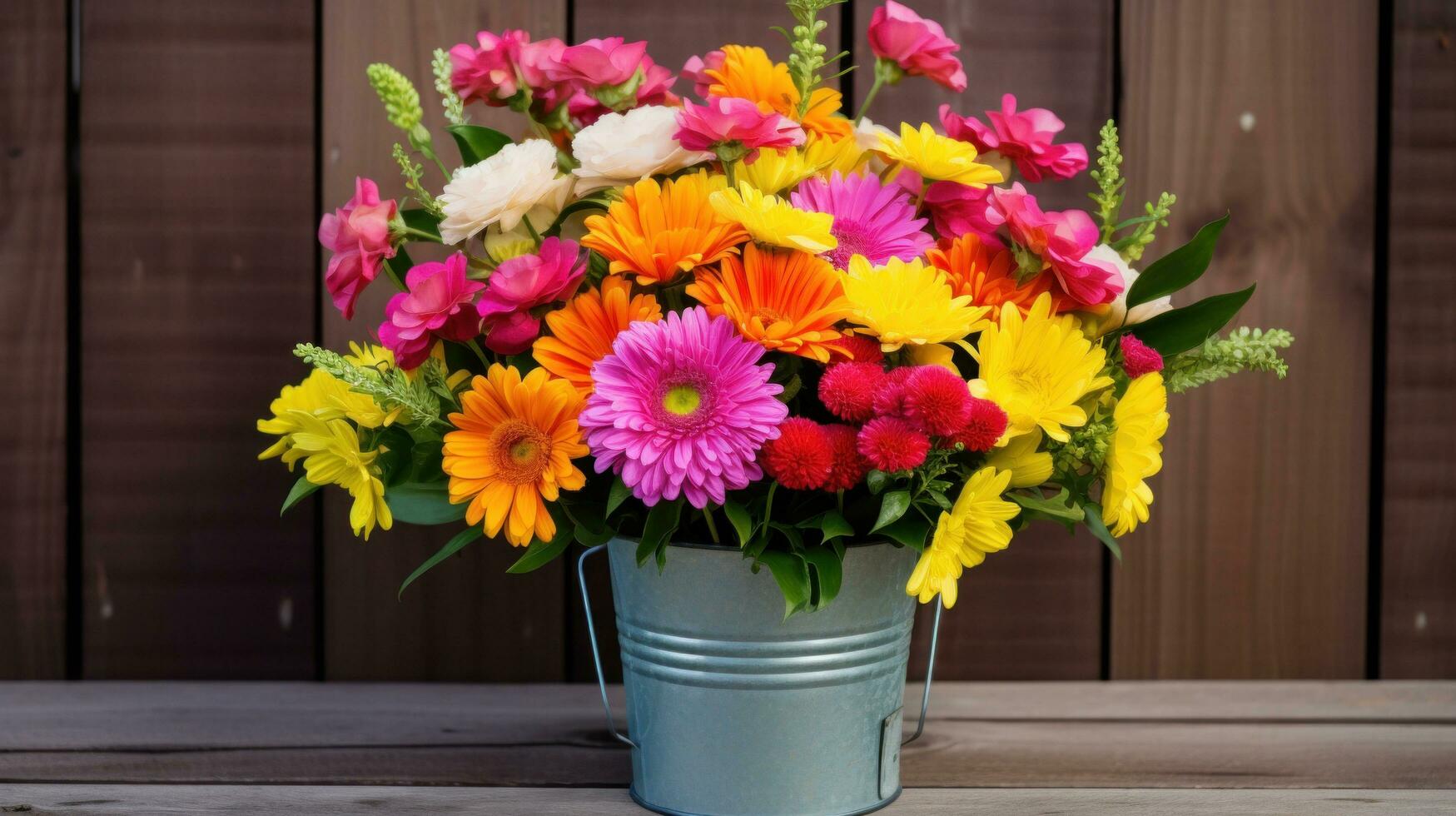 ai gerado uma lindo ramalhete do brilhante e colorida flores arranjado dentro uma rústico balde foto