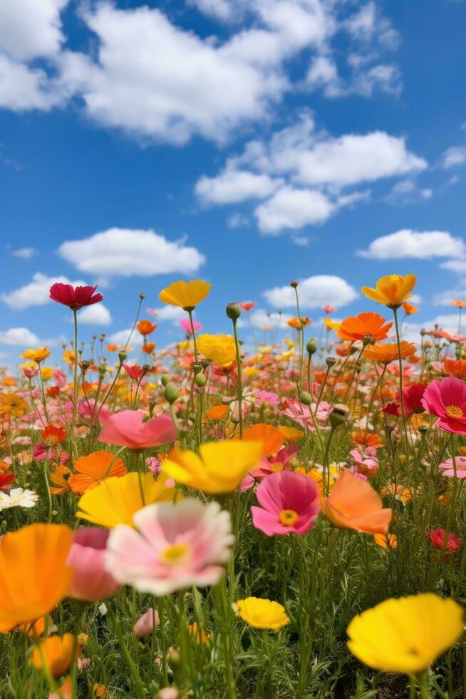 ai gerado uma misturar do rosa, amarelo, e laranja flores silvestres dentro uma campo com uma azul céu e nuvens. foto