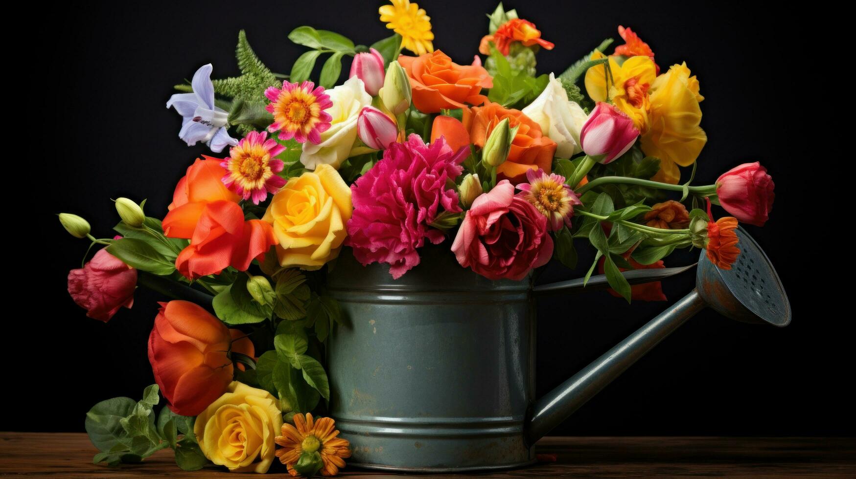 ai gerado uma colorida e vibrante floral arranjo exibido dentro uma vintage rega pode foto