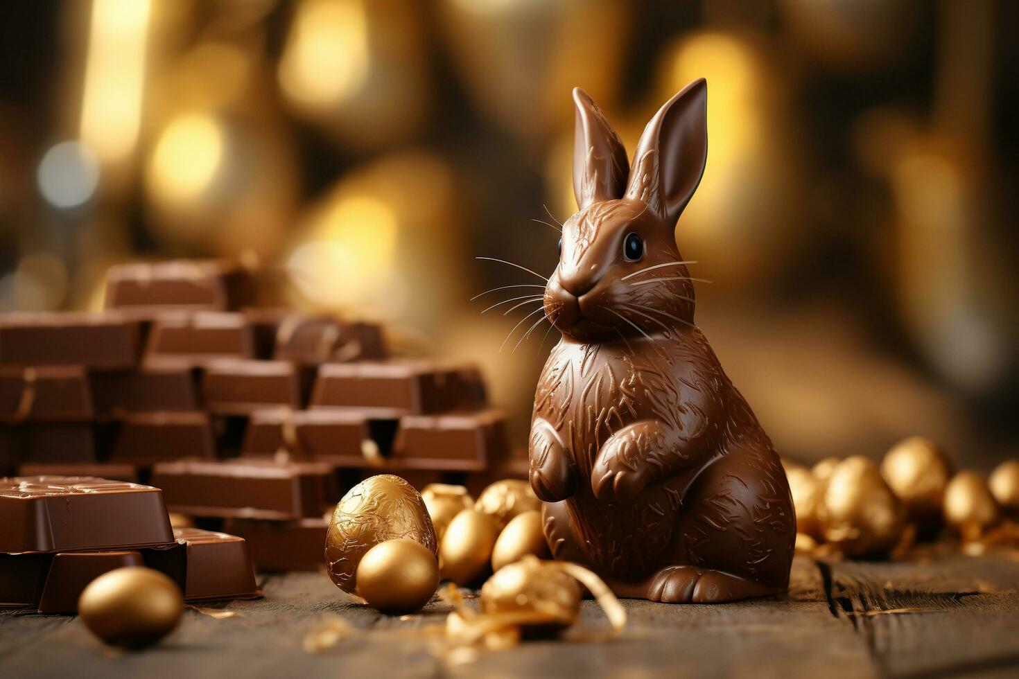 ai gerado chocolate Coelho com Páscoa dourado ovos em uma de madeira mesa. Primavera feriado fundo. foto