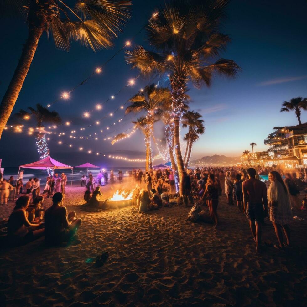 ai gerado arenoso de praia às noite com uma fogueira, cercado de pessoas dançando e socializar foto