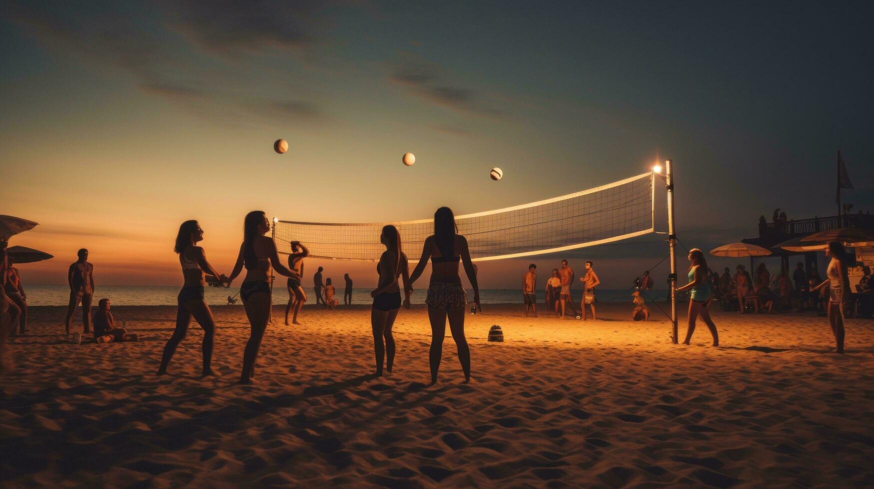 ai gerado uma grupo do pessoas jogando de praia voleibol debaixo a luzes, com a som do a ondas. foto
