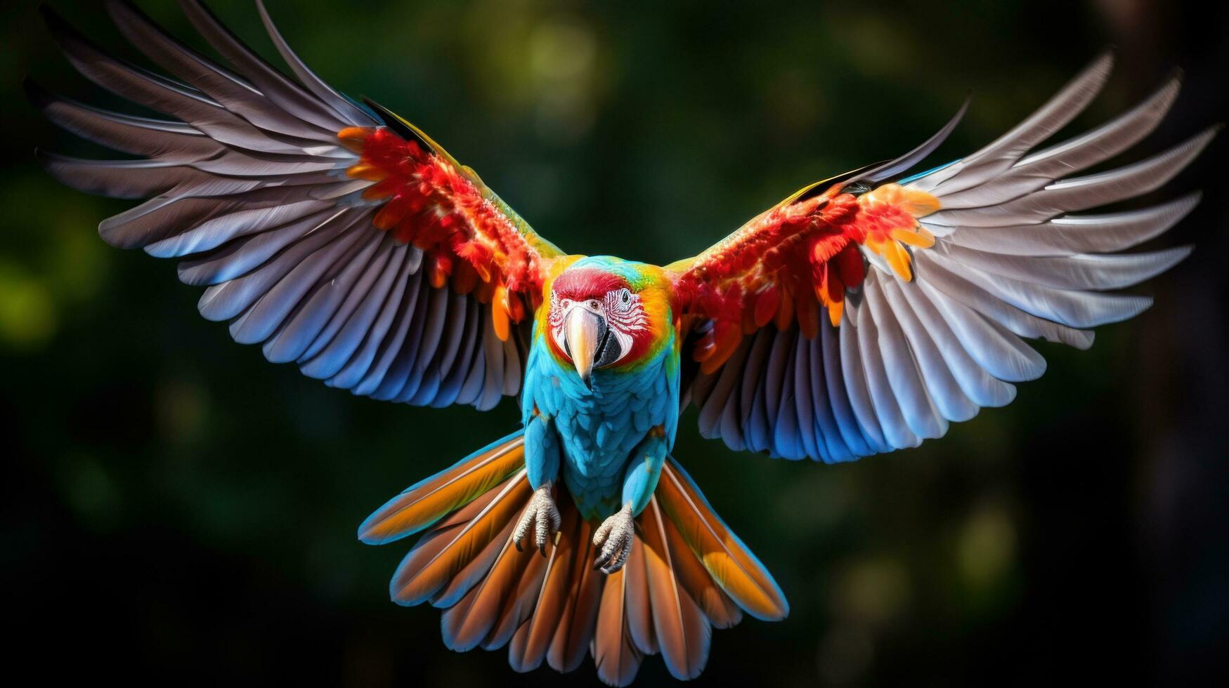 ai gerado uma colorida papagaio dentro no meio do vôo, com Está asas espalhar Largo e Está penas uma arco Iris do cores foto