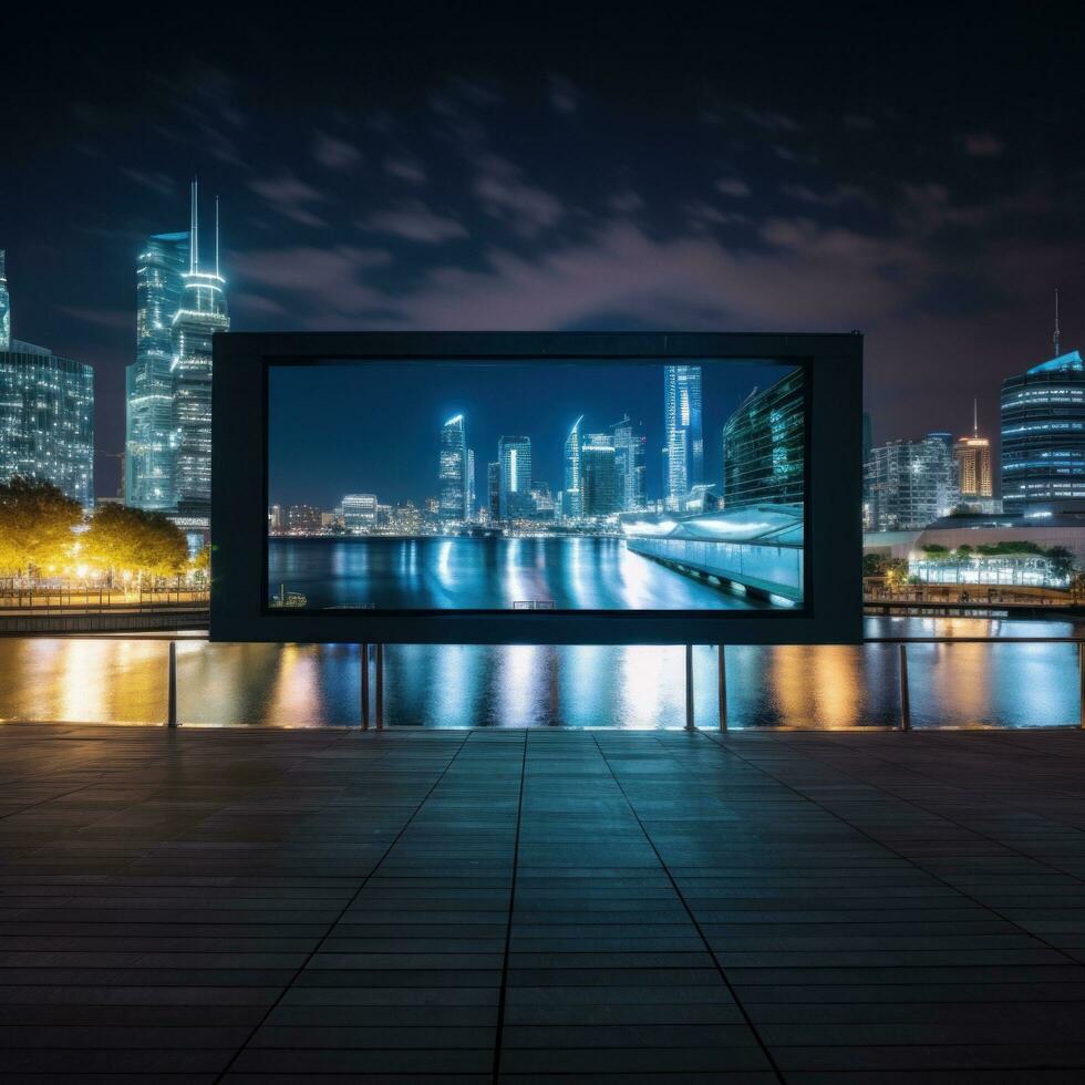 ai gerado cinema tela com uma paisagem urbana dentro a fundo foto