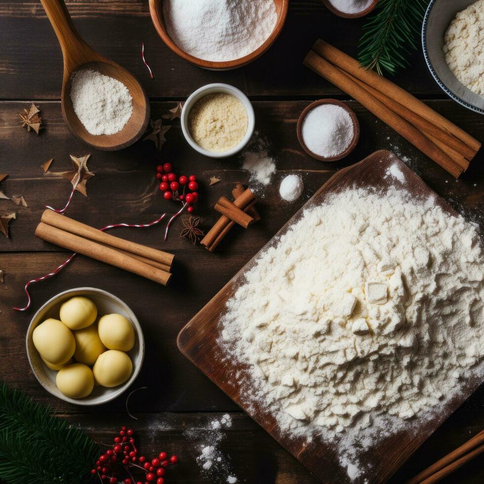 ai gerado cozimento suprimentos, farinha, açúcar, bolacha cortadores, e uma rolando alfinete, para a Natal cozimento espírito. foto