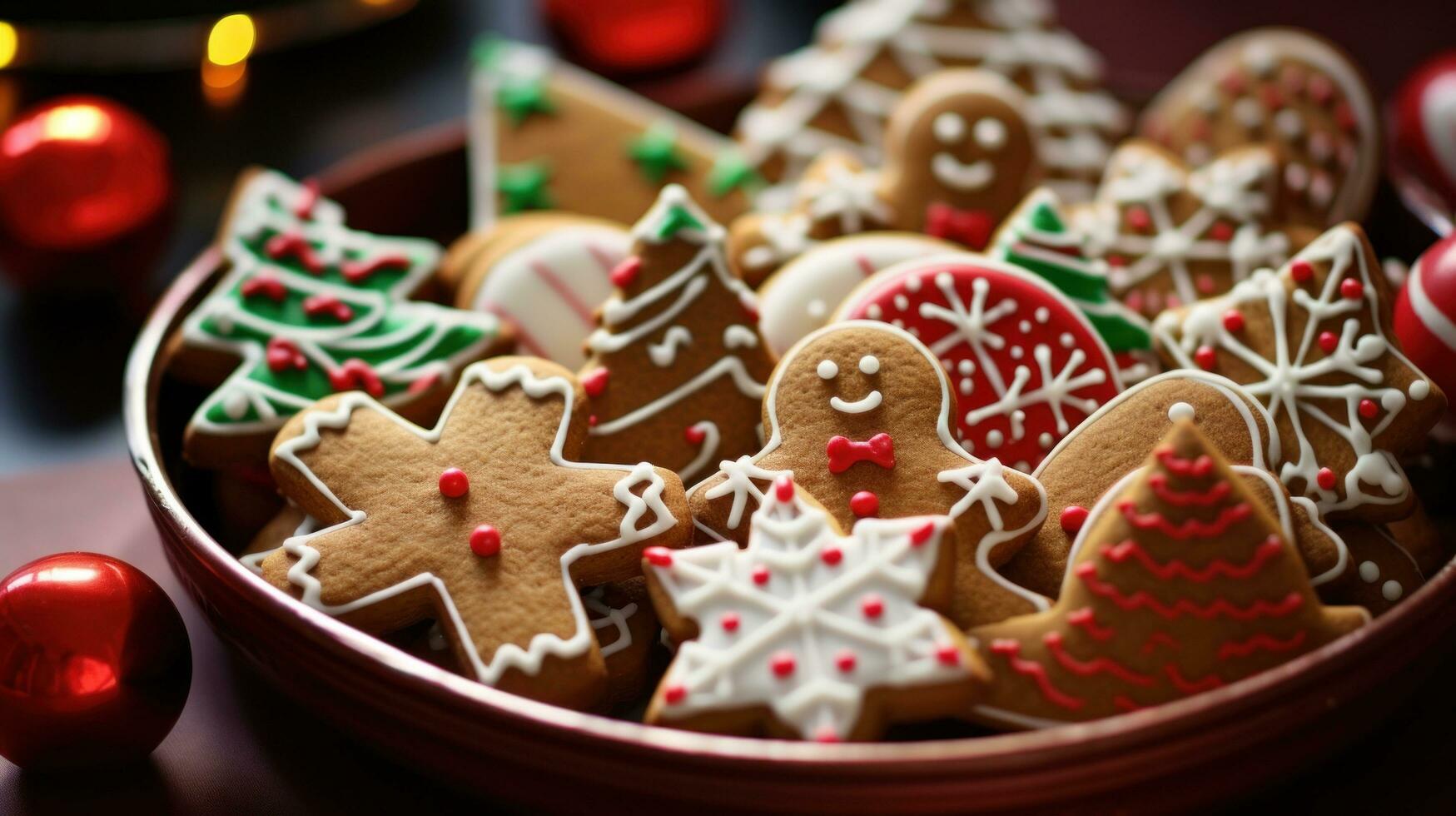 ai gerado bandeja preenchidas com recentemente cozido biscoitos dentro forma do Natal árvores, Pão de gengibre homens, e doce bengalas foto