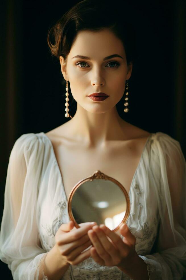 ai gerado a elegante tiro do uma mulher mãos segurando uma compactar espelho foto