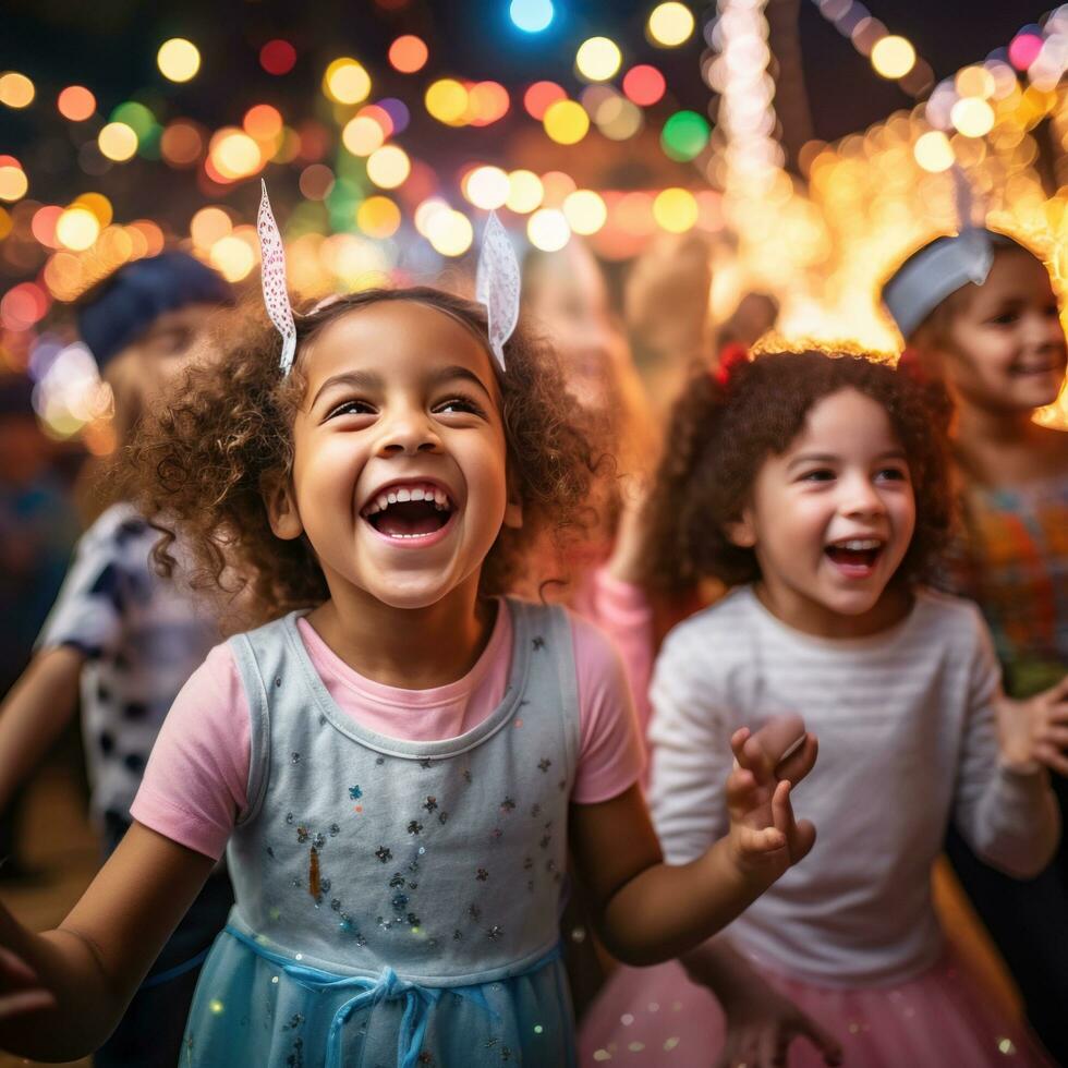 ai gerado Diversão e brincalhão foto do crianças dançando e cantando ao longo para seus favorito festa melodias