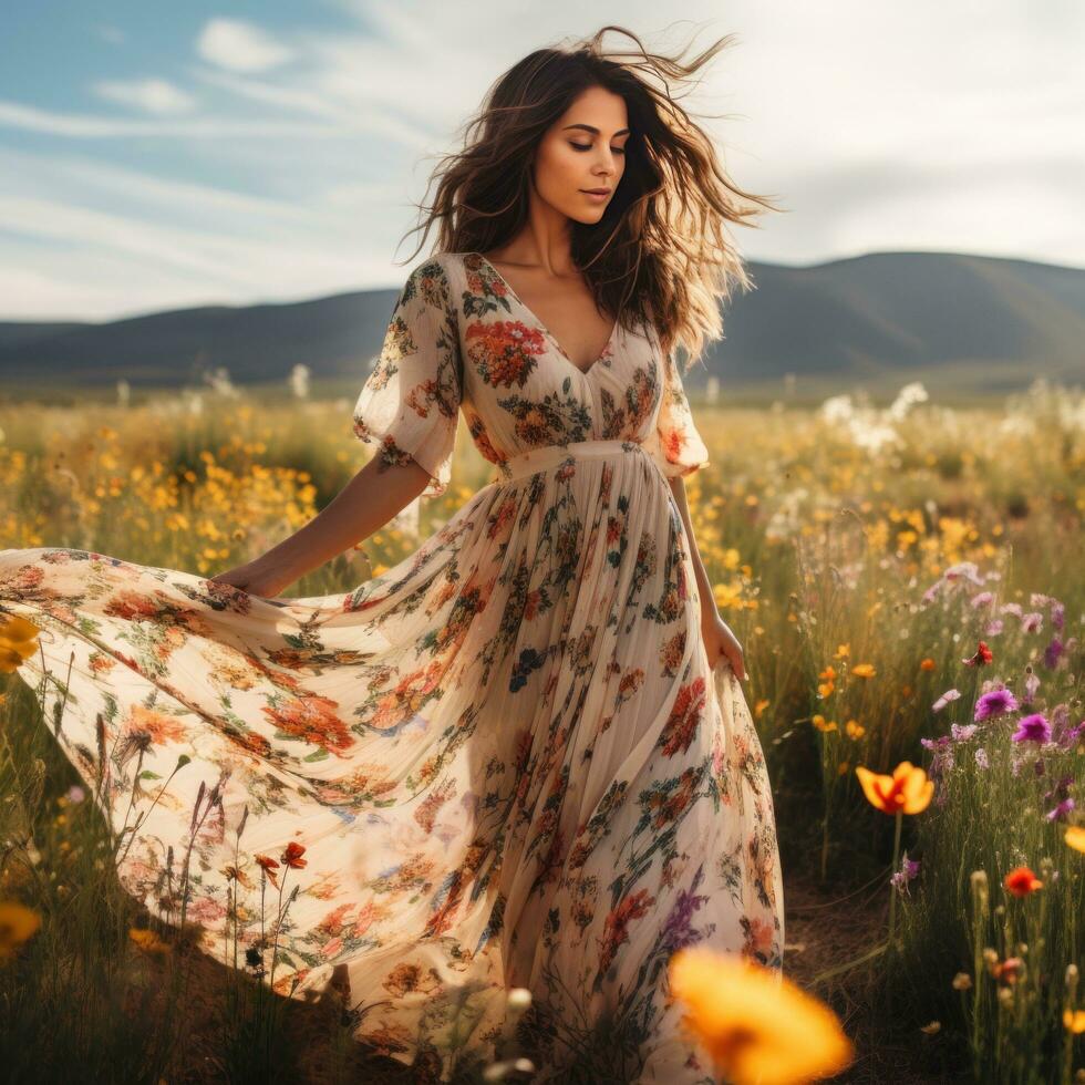 ai gerado uma mulher vestindo uma fluindo maxi vestir, em pé dentro uma campo do flores silvestres foto