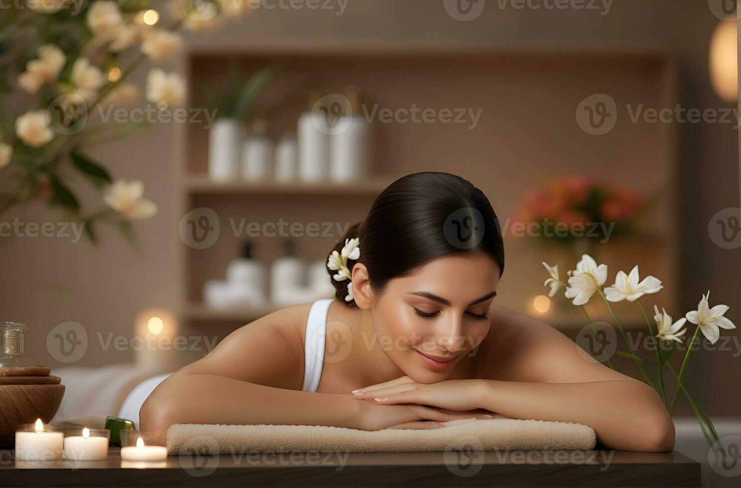 ai gerado lindo mulher passando por terapia e tomando banho tratamento dentro spa estúdio foto