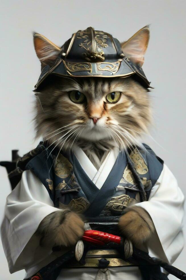 ai gerado samurai gato realista segurando uma Katana espada foto
