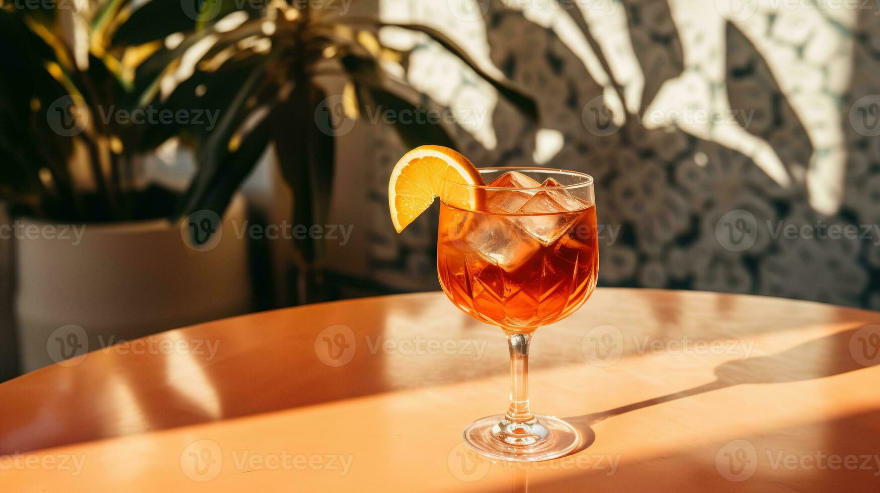 ai gerado generativo ai, vidro do aperol spritz em de madeira mesa com Sol luzes e sombras, estético silenciado cores foto