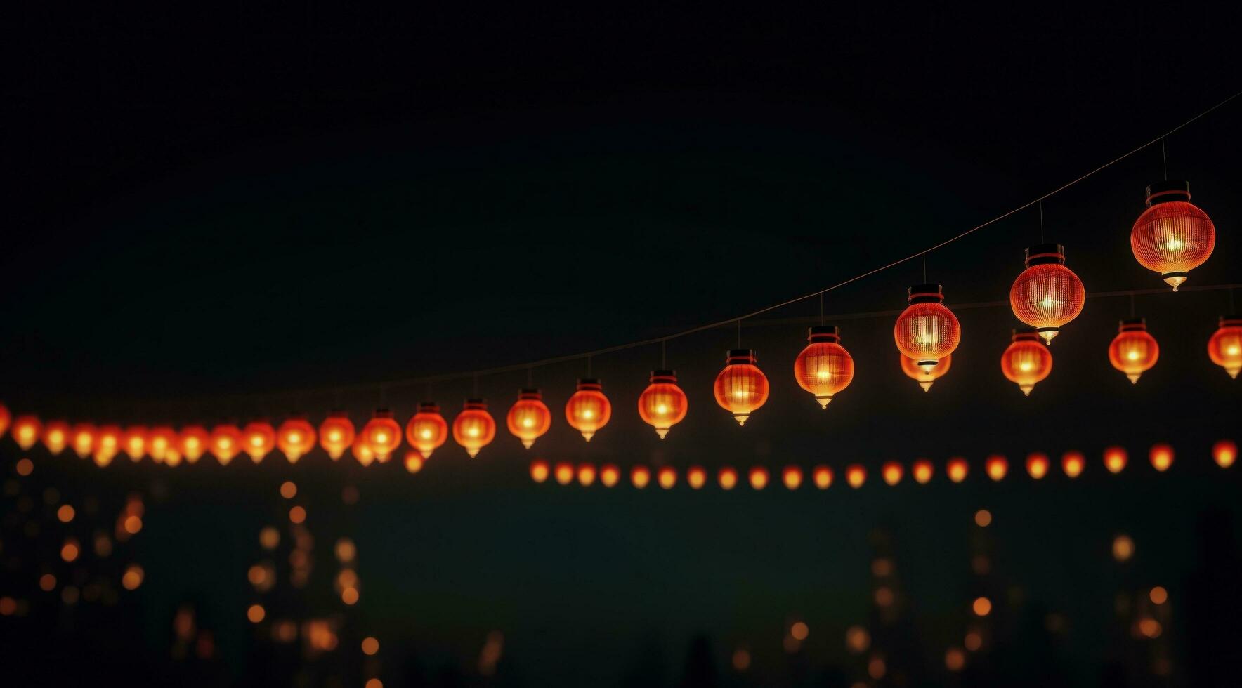 ai gerado uma colorida linha do vermelho e branco lanternas dentro a noite céu foto