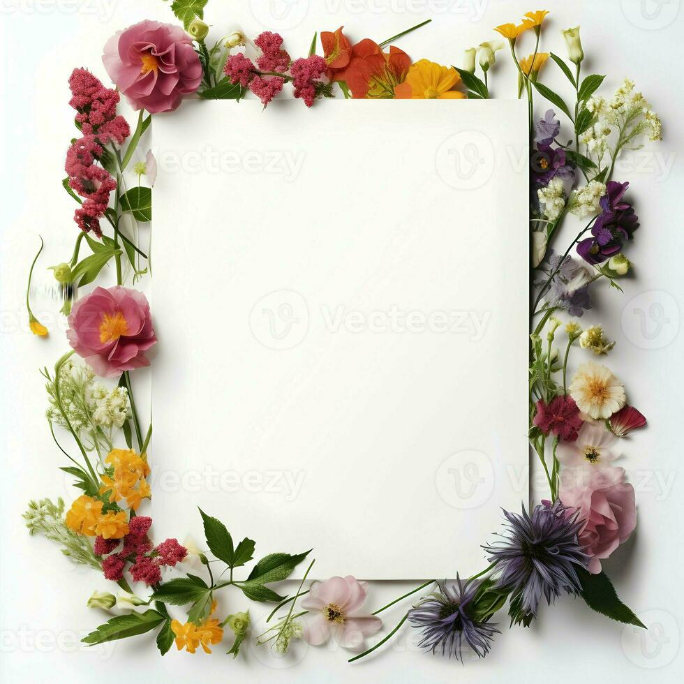 ai gerado verão flores fronteira convite modelo cartão em uma branco fundo. Alto qualidade. ai generativo foto
