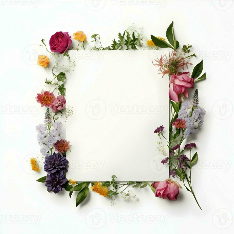 ai gerado verão flores fronteira convite modelo cartão em uma branco fundo. Alto qualidade. ai generativo foto