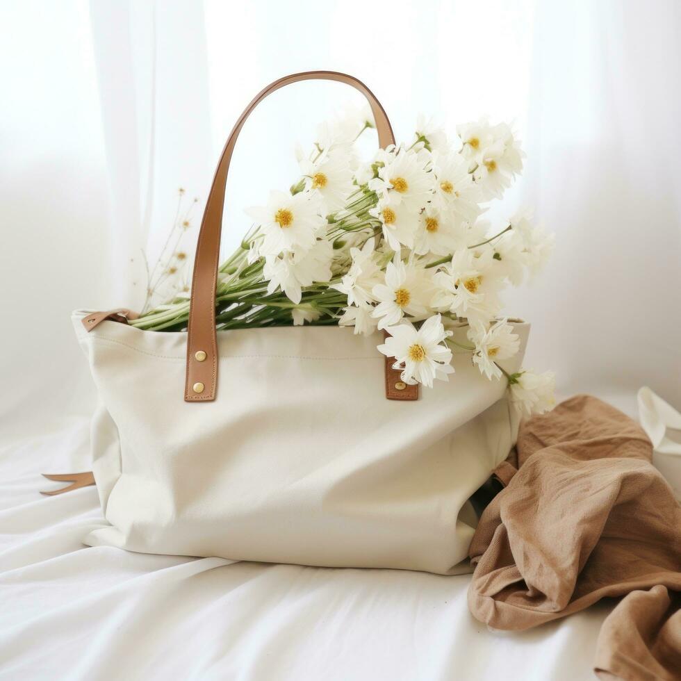 ai gerado uma natural saco com flores em uma cama foto