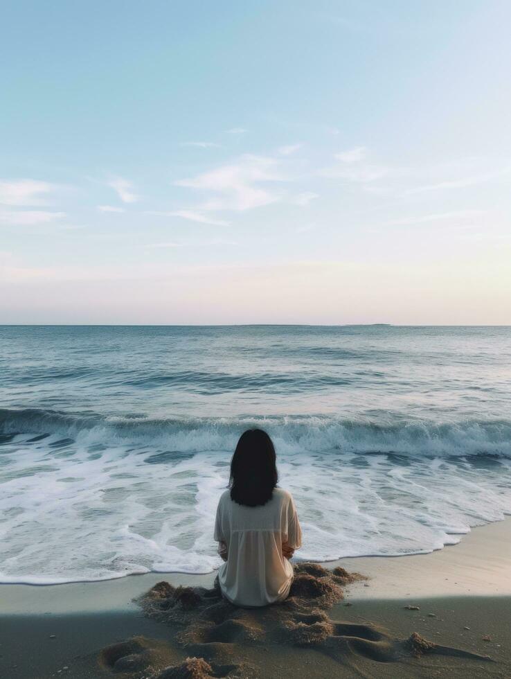 ai gerado uma pessoa é sentado perto a água às a praia, foto