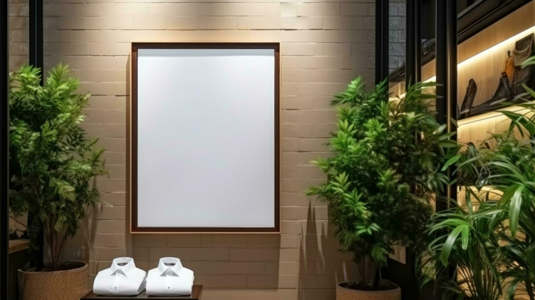 ai gerado poster imagem com em branco frente realista em uma brincar modelo dentro uma tijolo parede dentro uma luxo moderno roupas comprar, foto