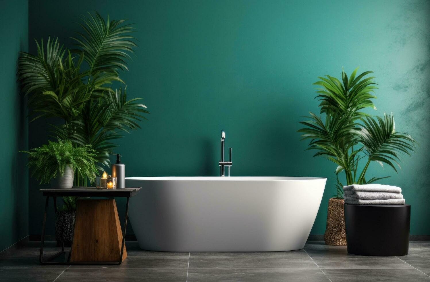 ai gerado verde banheiro com verde plantas dentro frente do uma branco banheira, foto