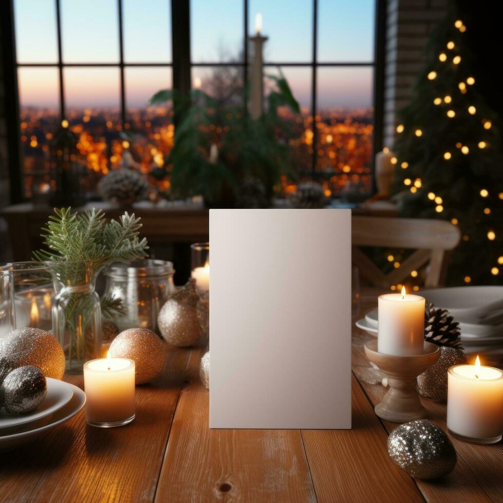 ai gerado branco cumprimento cartão com em branco frente, realista em uma brincar modelo dentro uma de madeira mesa dentro uma Natal luxo fundo dentro casa dentro, foto