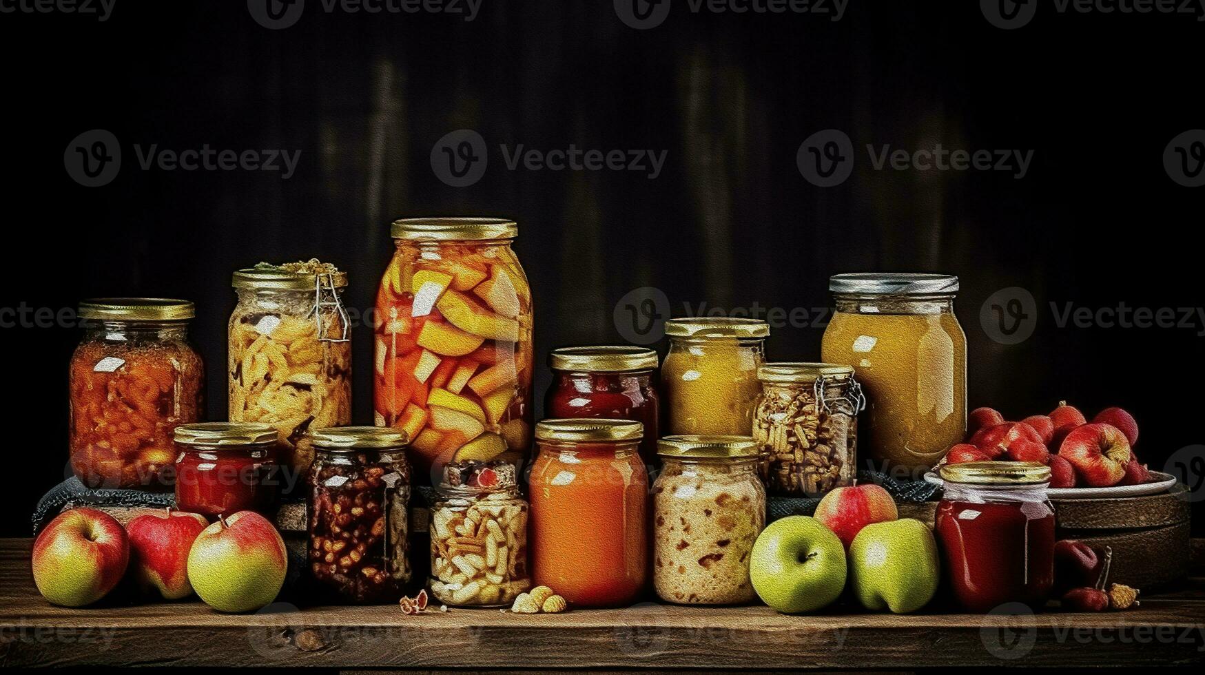 ai gerado uma variedade do enlatado produtos dentro vidro frascos. rústico estilo. frascos com diferente tipos do preservado frutas e legumes em de madeira fundo. foto