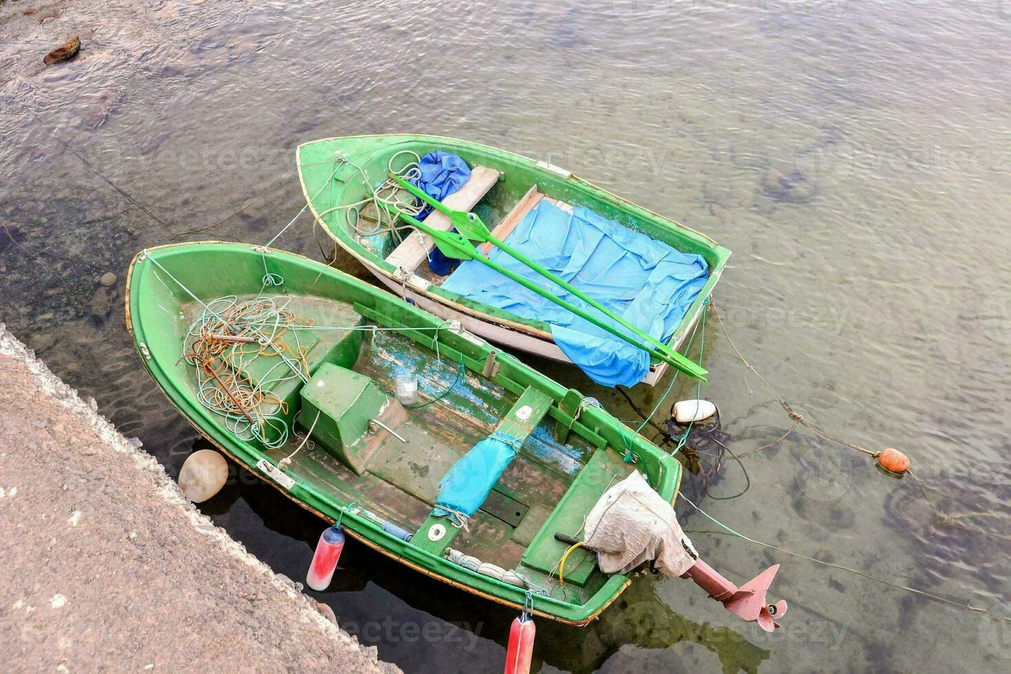 dois pequeno barcos estão sentado dentro a água foto