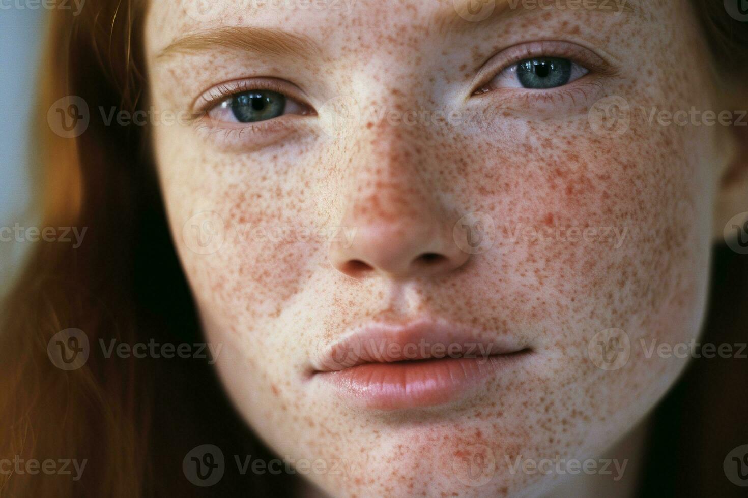 ai gerado uma fechar acima do uma mulher com sardas, rosácea couperose vermelhidão pele foto