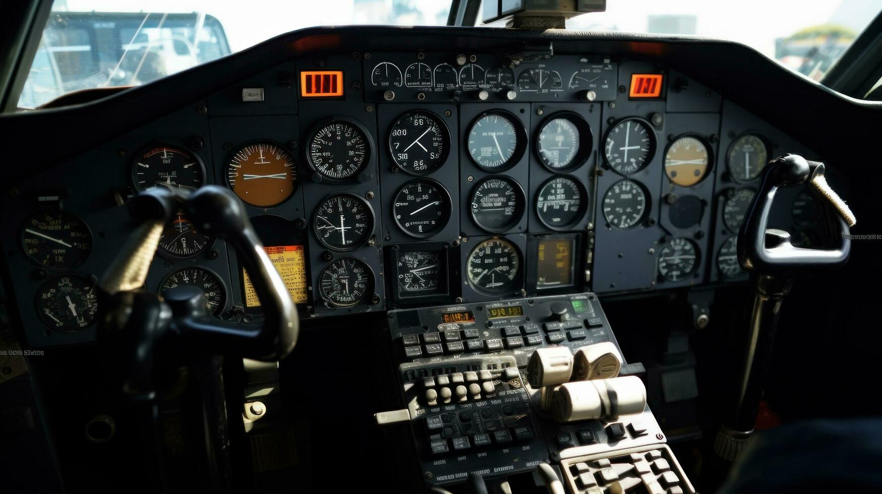 ai gerado cockpit do a avião, mostrando a instrumentos e controles acima fechar foto