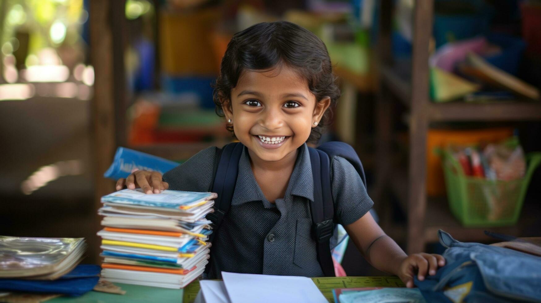 ai gerado uma jovem criança segurando uma livro e sorridente, cercado de escola suprimentos gostar lápis e cadernos foto