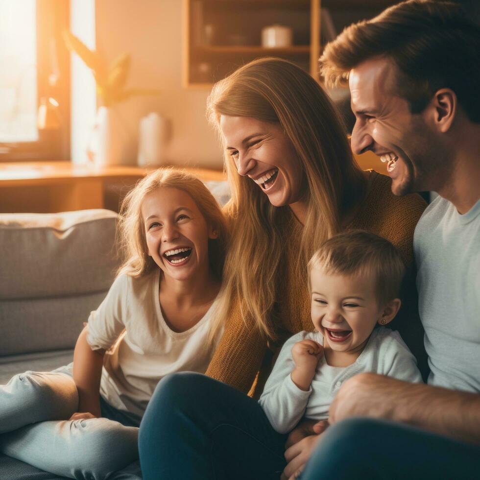 ai gerado uma jovem família do três, com uma bebê dentro a do pai braços, assistindo uma comédia mostrar em televisão foto