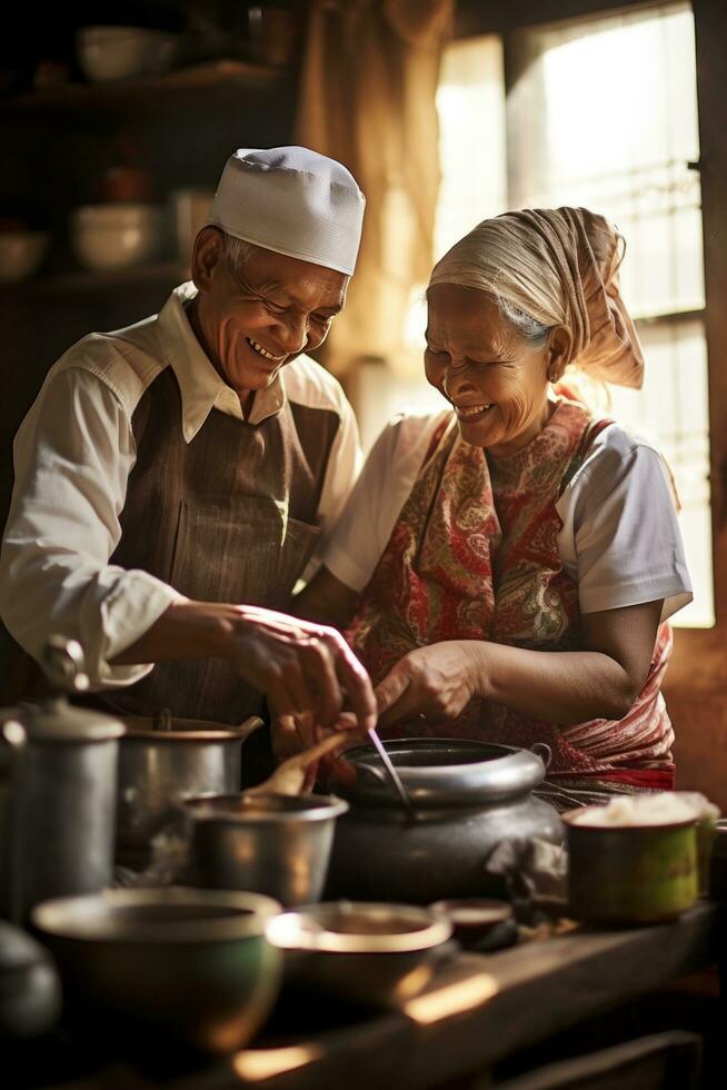ai gerado uma tocante estoque foto do a velho casal cozinhando café da manhã juntos dentro seus tradicional cozinha