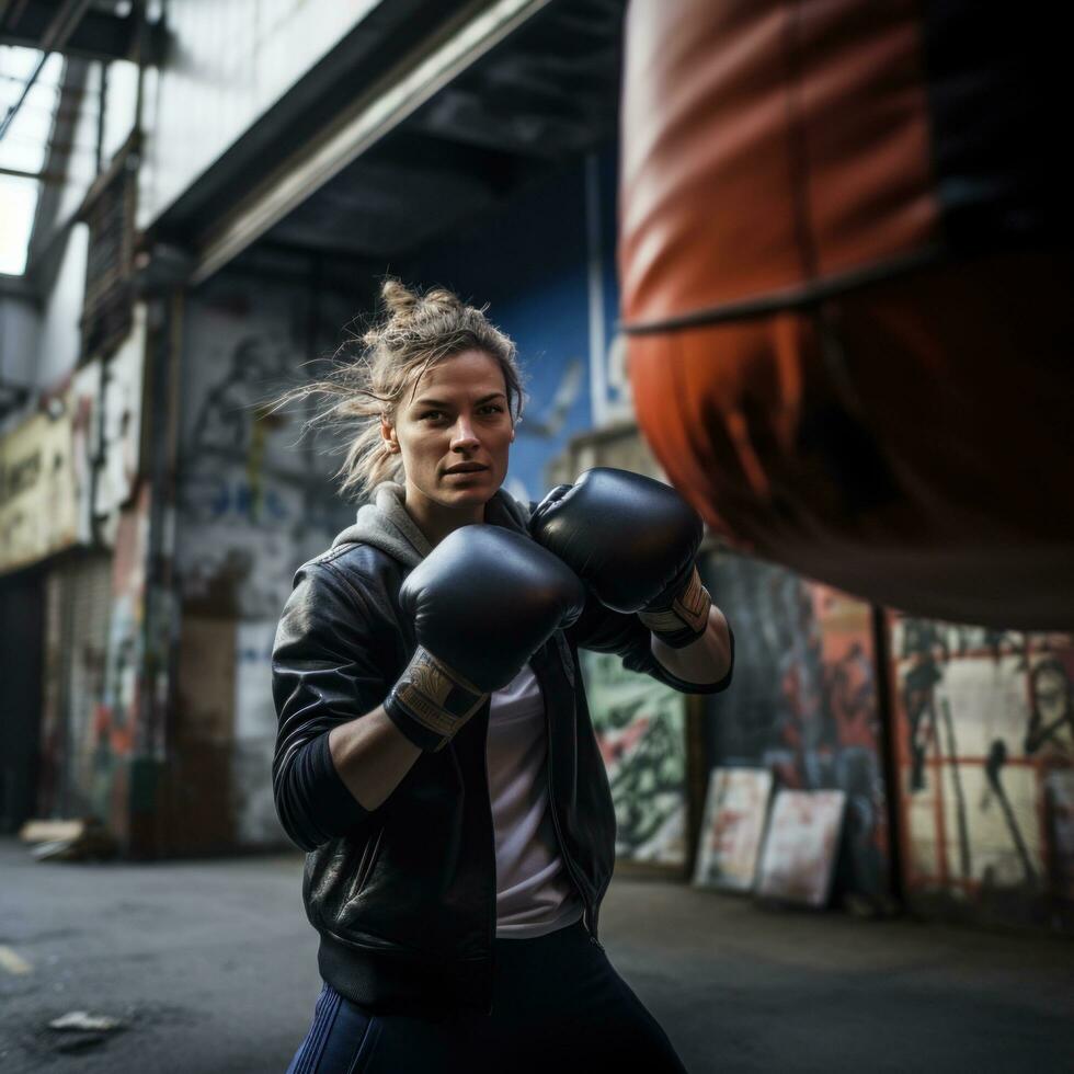 ai gerado uma mulher boxe com uma soco bolsa, com uma corajoso, industrial configuração dentro a fundo foto