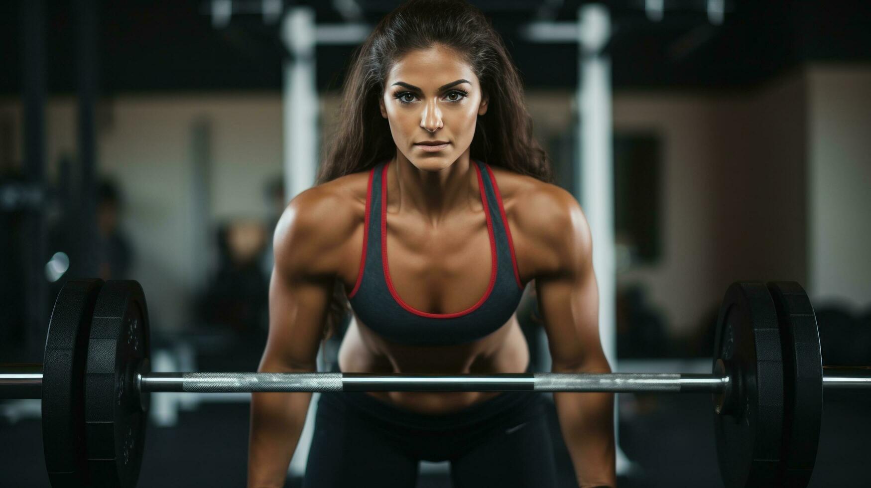 ai gerado uma mulher dentro exercite-se roupas elevação pesos às a academia, com uma determinado expressão em dela face. foto