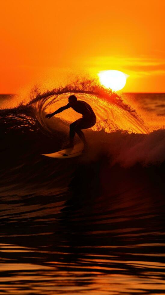 ai gerado uma surfista equitação uma onda dentro a oceano, com a Sol configuração atrás eles foto